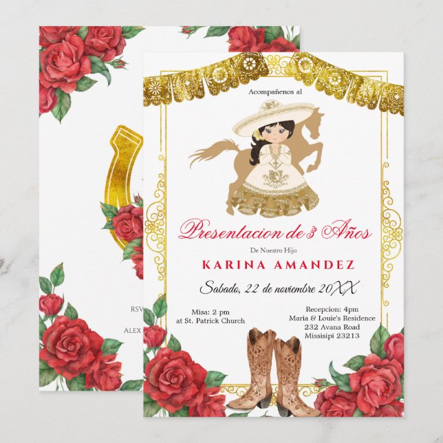 Red Roses Latino Three Year Old Presentation Girl Invitation (Front/Back)