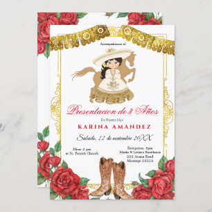 Red Roses Latino Three Year Old Presentation Girl Invitation