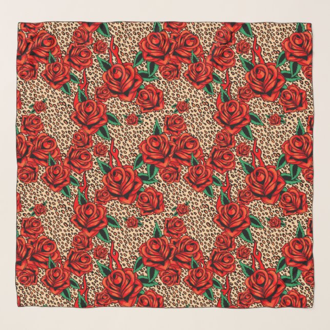 red roses leopard print chiffon scarf (Front)