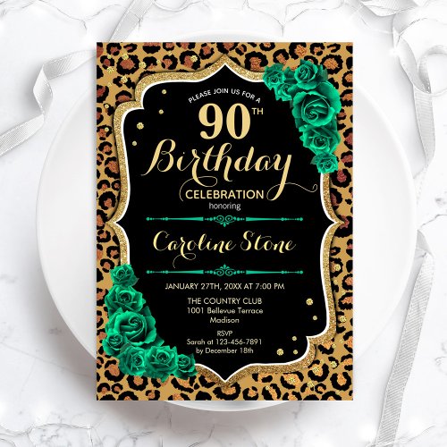 Red Roses Leopard Print Floral 90th Birthday Invitation