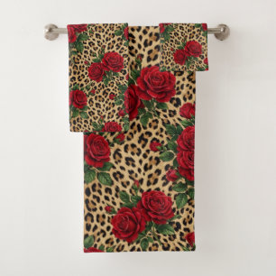 Red Roses Leopard print Pattern  Bath Towel Set