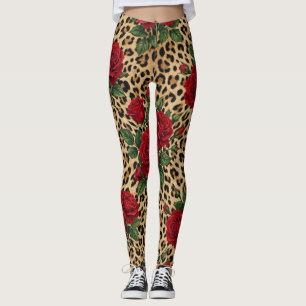 Red Roses Leopard print Pattern Leggings