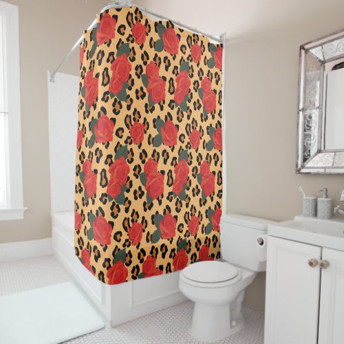 Red Roses Leopard Print Shower Bath Curtain