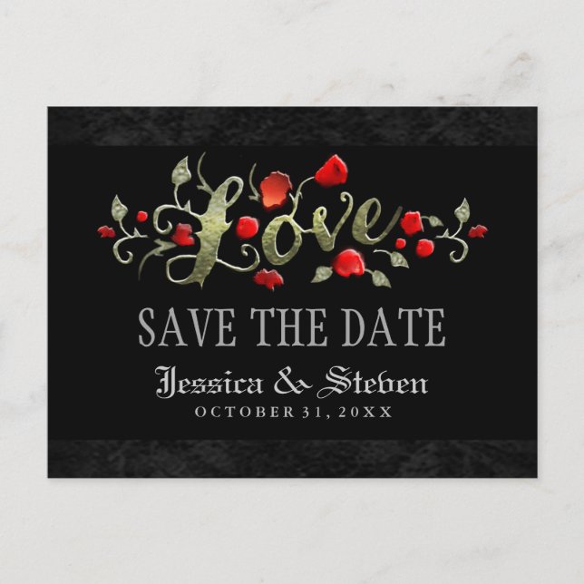 Red Roses LOVE Halloween Wedding Save the Date Announcement Postcard (Front)
