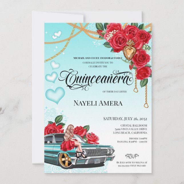 Red Roses Lowrider Chola Sacred Heart Quinceanera Invitation (Front)