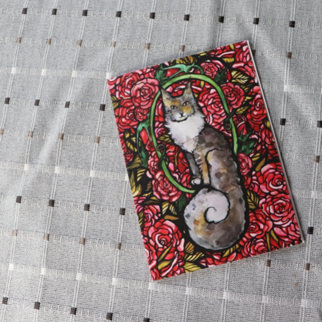 Red Roses Maine Coon Kitty Cat Art Rose Garden Cat Card (Creator Uploaded)