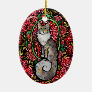 Red Roses Maine Coon Kitty Cat Art Rose Garden Cat Ceramic Ornament