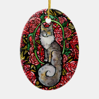 Red Roses Maine Coon Kitty Cat Art Rose Garden Cat Ceramic Ornament
