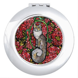Red Roses Maine Coon Kitty Cat Art Rose Garden Cat Compact Mirror