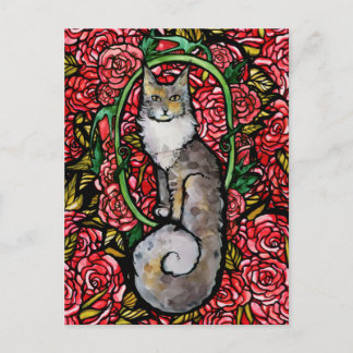 Red Roses Maine Coon Kitty Cat Art Rose Garden Cat Postcard