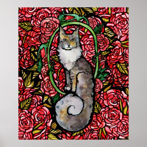 Red Roses Maine Coon Kitty Cat Art Rose Garden Cat Poster