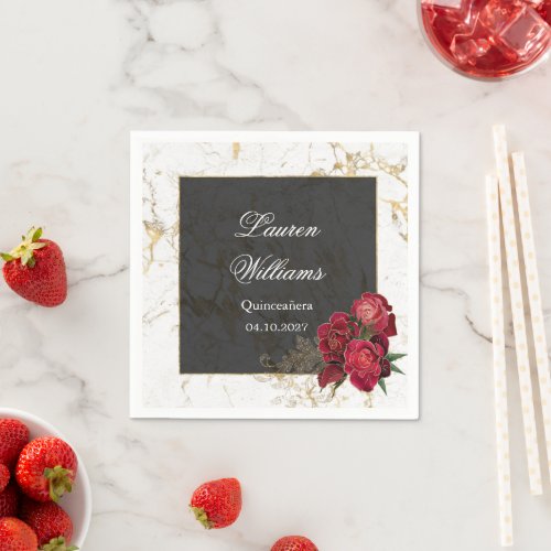 Red Roses Marble Quinceanera Party  Napkins