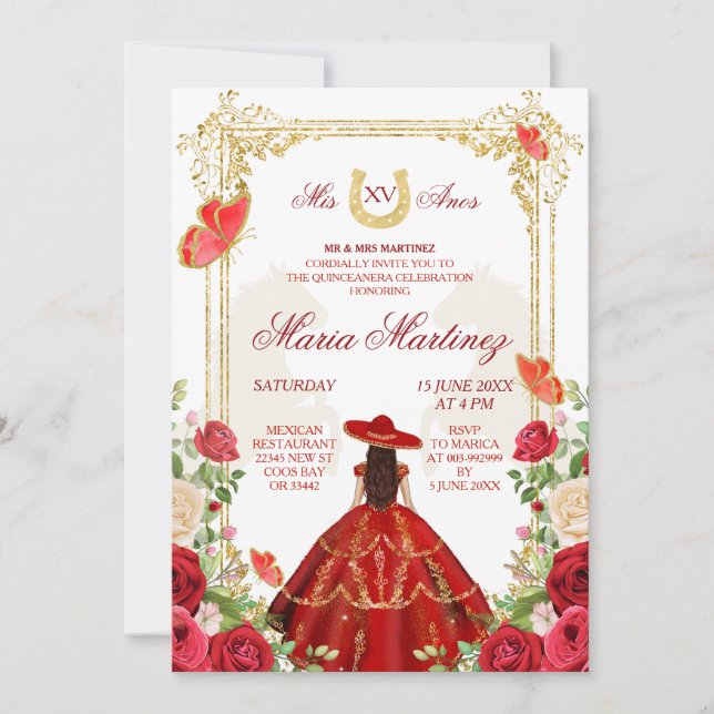 Red Roses Mexican Girl Quinceanera Celebration Invitation (Front)
