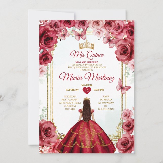 Red Roses Mexican Princess Quiñceanera Floral Invitation (Front)