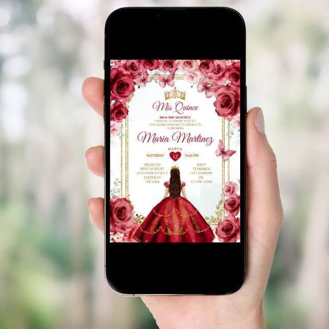Red Roses Mexican Princess Quiñceanera Floral Invitation (Front Digital)