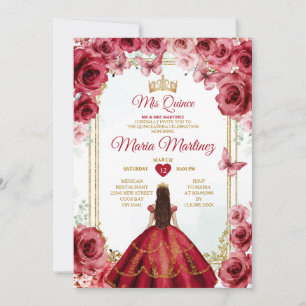 Red Roses Mexican Princess Quiñceanera Floral Invitation