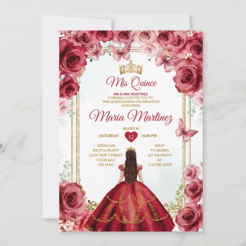 Red Roses Mexican Princess Quiceanera Floral Invitation