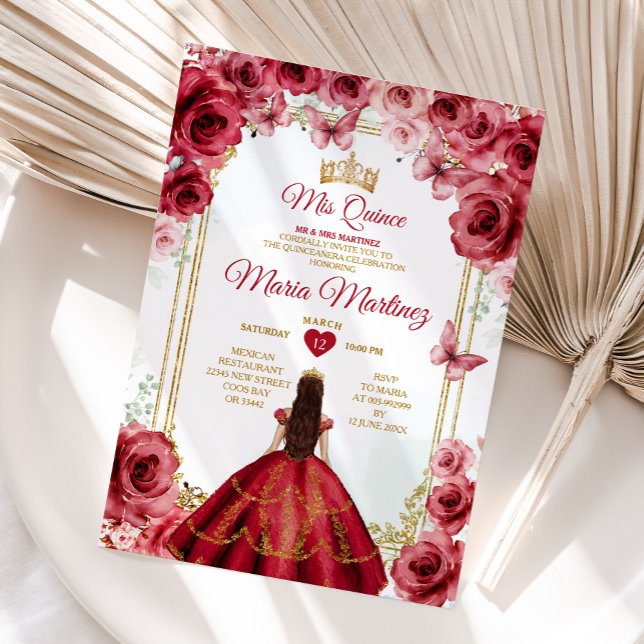 Red Roses Mexican Princess Quiñceanera Floral Invitation (Creator Uploaded)