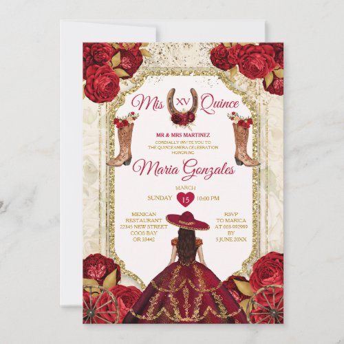 Red Roses Mis Quince 15 Anos Gold Crown Glitter Invitation