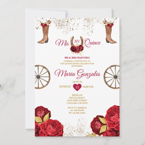 Red Roses Mis Quince 15 Anos Gold Crown Glitter Invitation