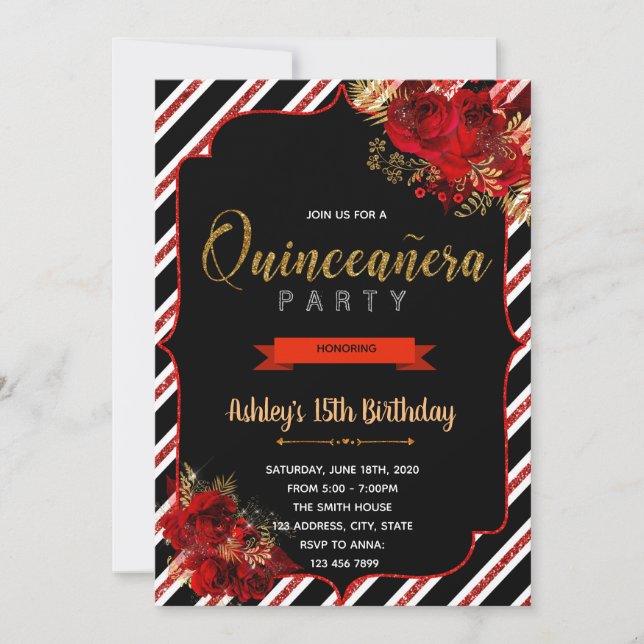 Red roses mis quince birthday invitation (Front)