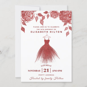 Red roses modern Glitter dress sweet sixteen Invitation
