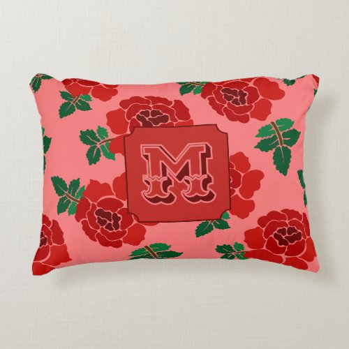 Red Roses Monogram Accent Pillow
