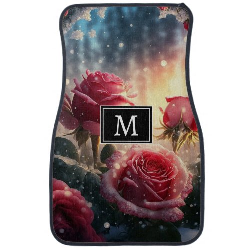 Red Roses Monogram Car Floor Mat