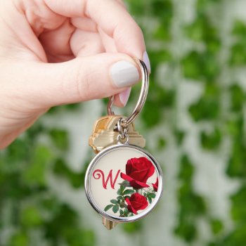 Red Roses Monogram Initial Key Ring by BlueHyd at Zazzle