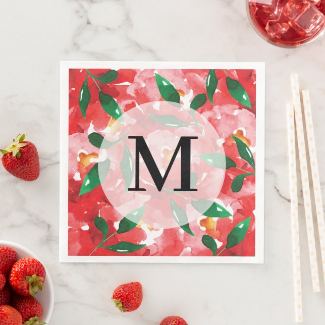 Red Roses Monogram Paper Dinner Napkins (Insitu)