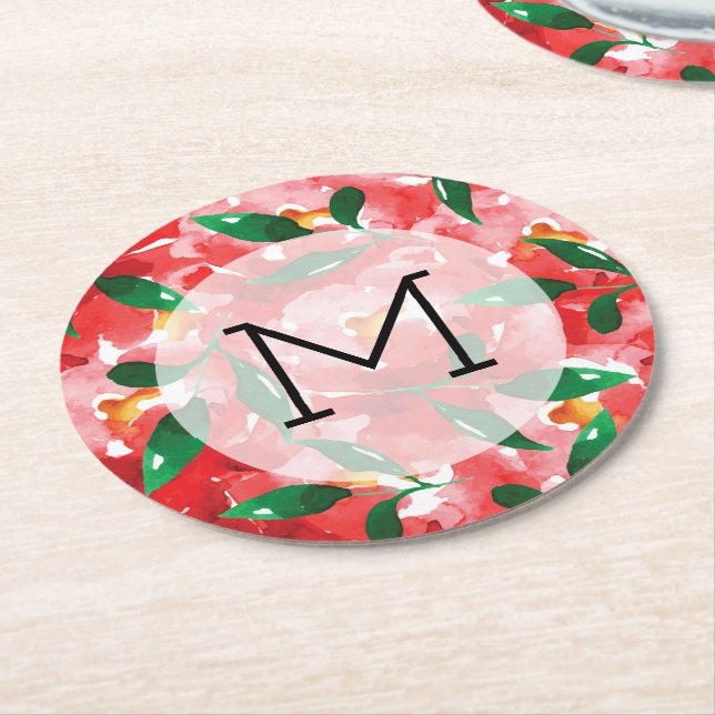 Red Roses Monogram Round Paper Coaster (Angled)