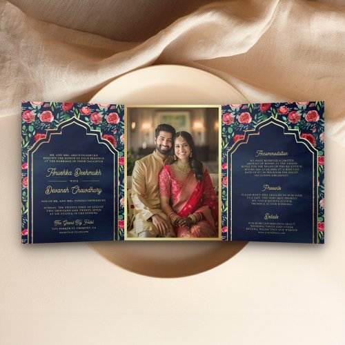 Red Roses Navy Blue Floral Gold Indian Wedding Tri_Fold Invitation