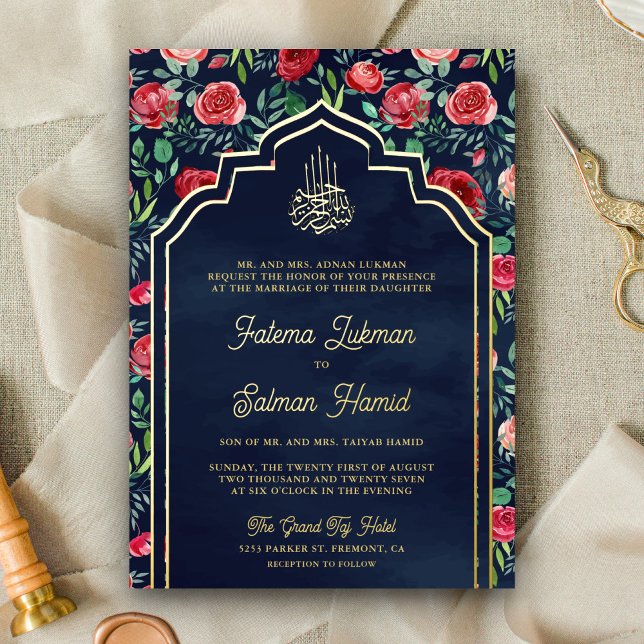 Red Roses Navy Blue Floral Muslim Wedding Gold Foil Invitation (Creator Uploaded)