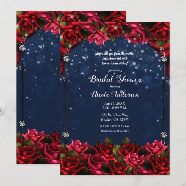 Red Roses Navy Blue Gold Enchanted Bridal Shower   Invitation (Front/Back)