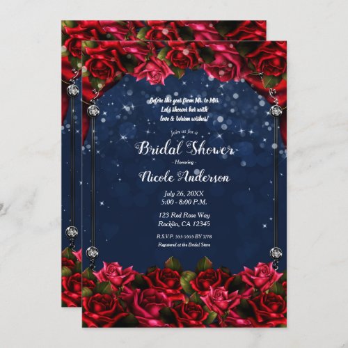 Red Roses Navy Blue Gold Enchanted Bridal Shower   Invitation