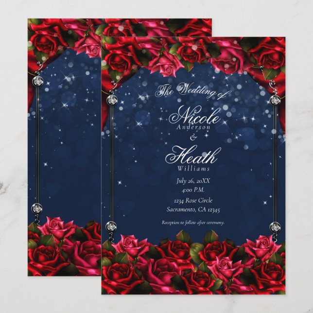 Red Roses Navy Blue Gold Enchanted Floral Wedding  Invitation (Front/Back)