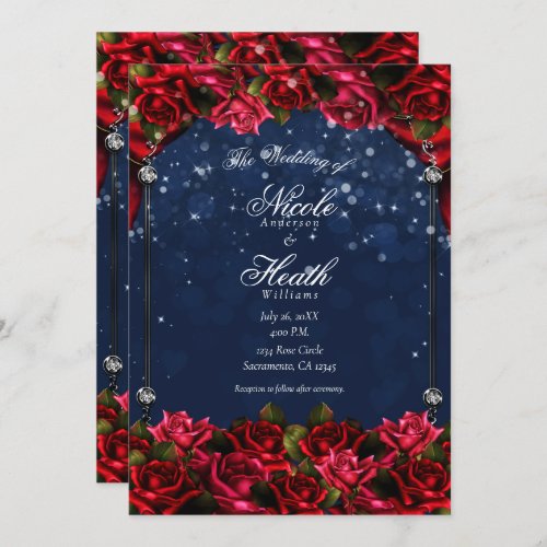 Red Roses Navy Blue Gold Enchanted Floral Wedding  Invitation