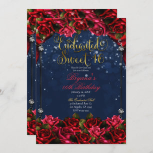 Red Roses Navy Blue Gold Enchanted Sweet 16 16th Invitation