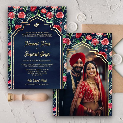 Red Roses Navy Blue Photo Anand Karaj Sikh Wedding Invitation