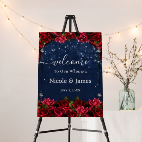 Red Roses Navy Blue Sparkle Wedding Welcome Sign 