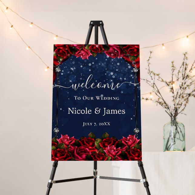 Red Roses Navy Blue Sparkle Wedding Welcome Sign  (In Situ (Stand))