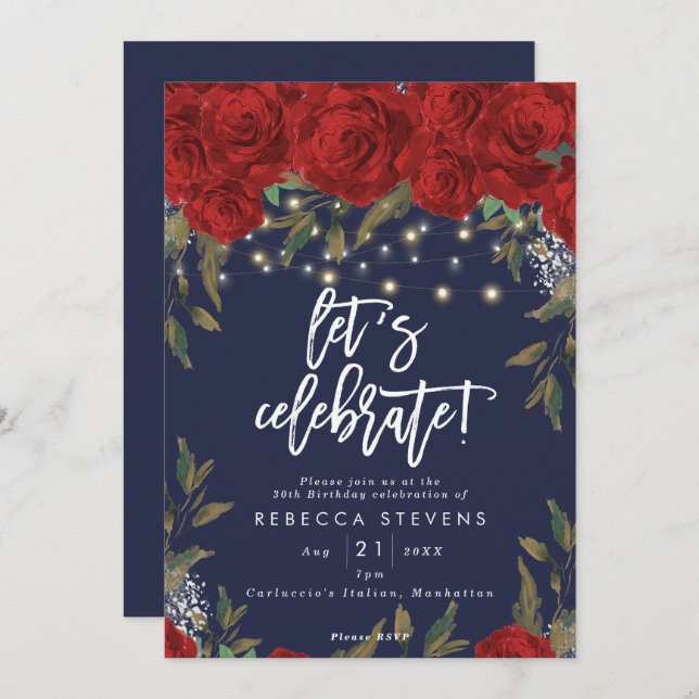 red roses navy let's celebrate birthday invitation (Front/Back)