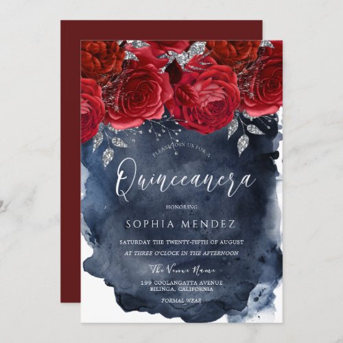 Red Roses Navy Watercolor Splash Quinceanera Party Invitation