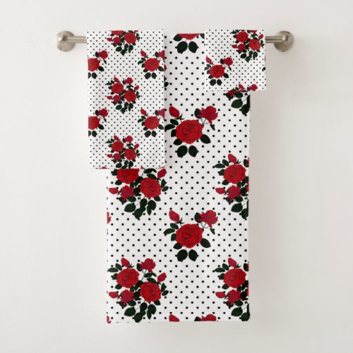 Red roses on a polka dot background  bath towel set