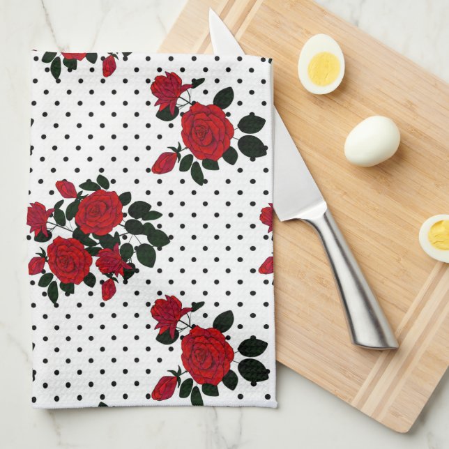 Red roses on a polka dot background.  kitchen towel (Quarter Fold)