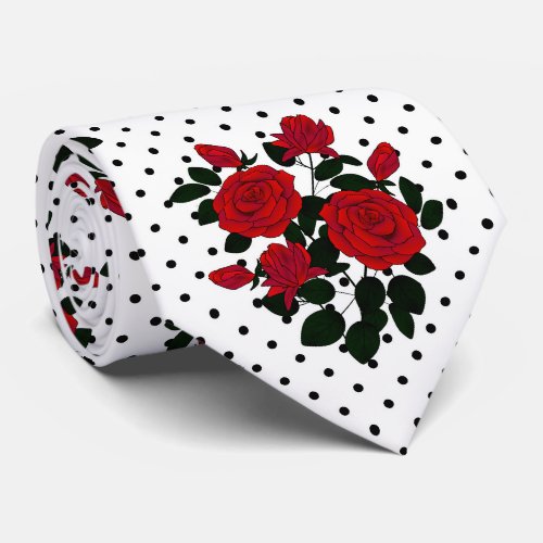 Red roses on a polka dot background neck tie