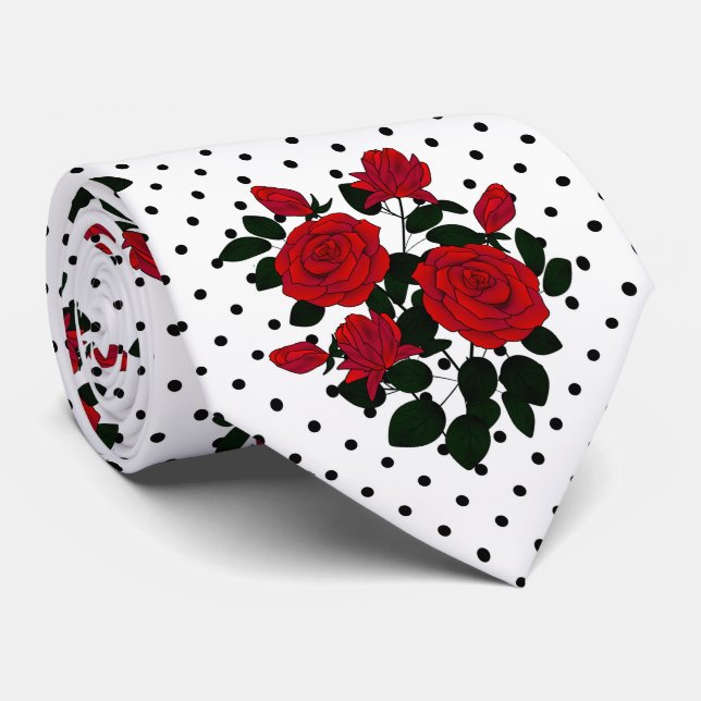 Red roses on a polka dot background. neck tie (Rolled)