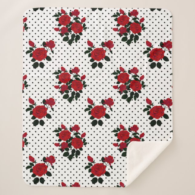 Red roses on a polka dot background.  sherpa blanket (Front)
