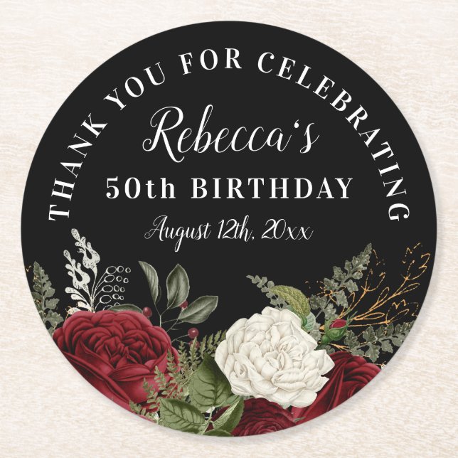 Red Roses on Black 50th Birthday Thank You Favor Round Paper Coaster (Front)