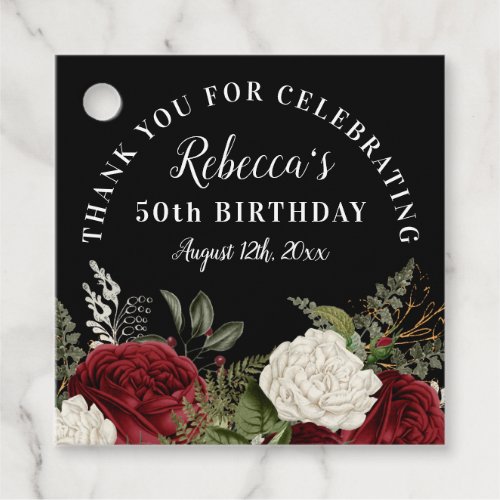 Red Roses on Black 50th Birthday Thank You Favor Tags